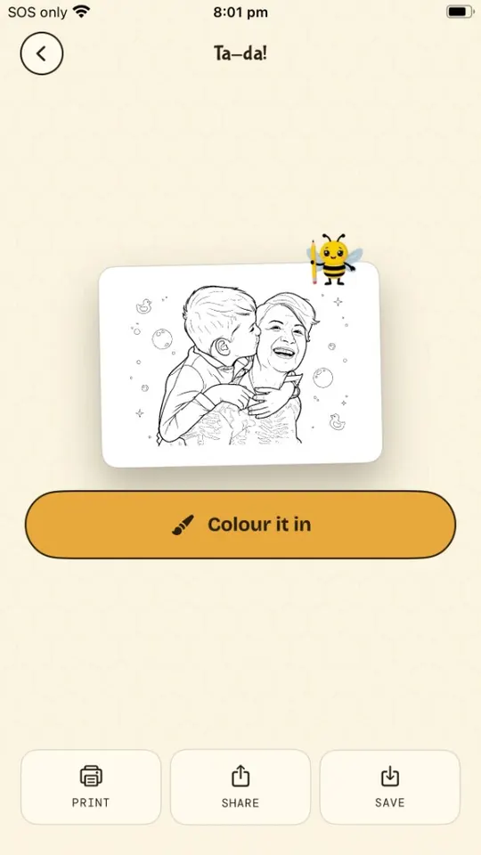 SketchBee finished coloring page preview with print, share, and save